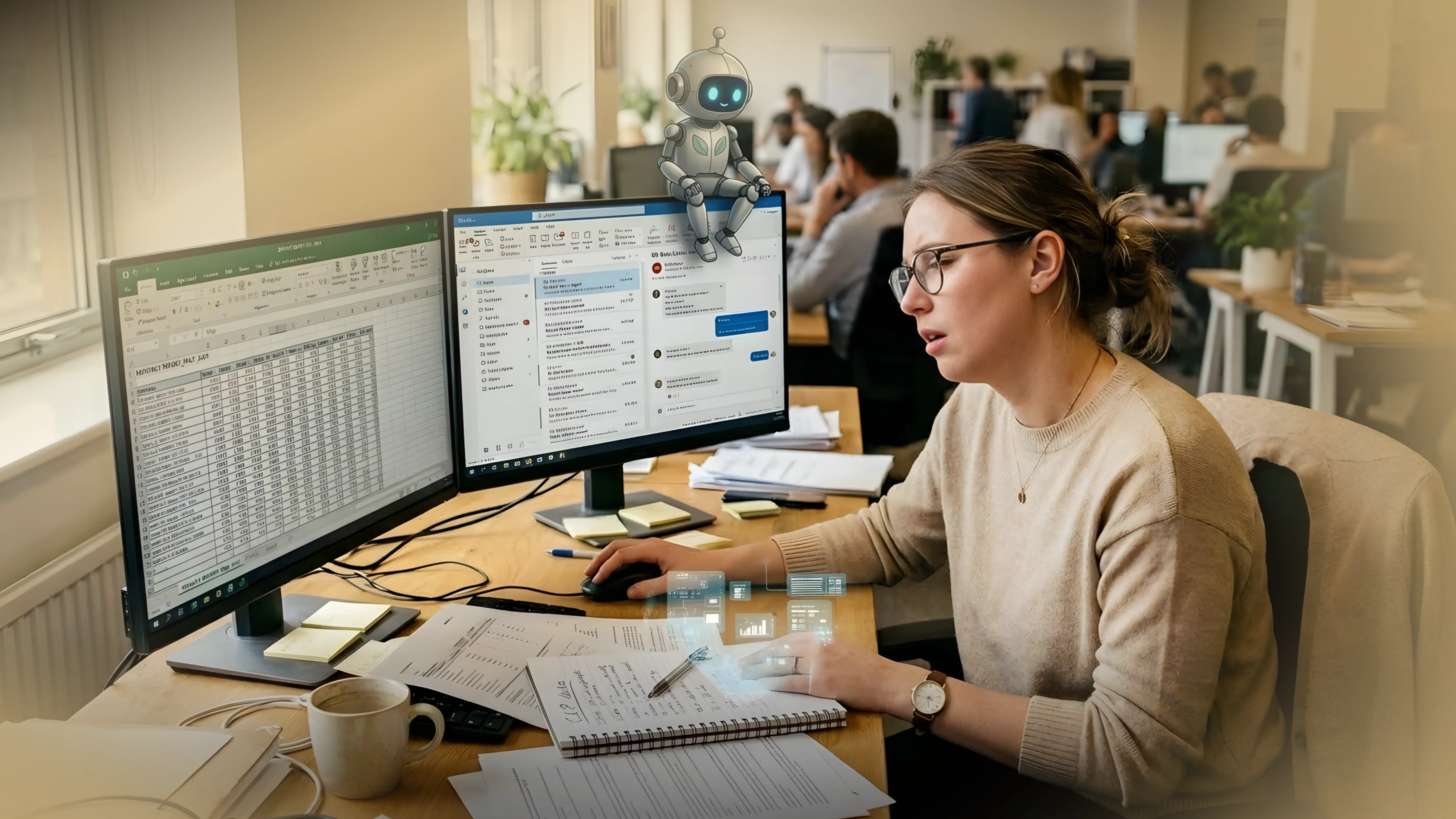 A hyperrealistic image from AI Catalyst by Intuitive Operations depicting a professional woman at her desk working on dense spreadsheets and emails. Perched on her monitor is a small metallic robot with glowing blue eyes, while floating holograms of charts hover over her paperwork, illustrating a seamless process of automating repetitive tasks to restore workday momentum.