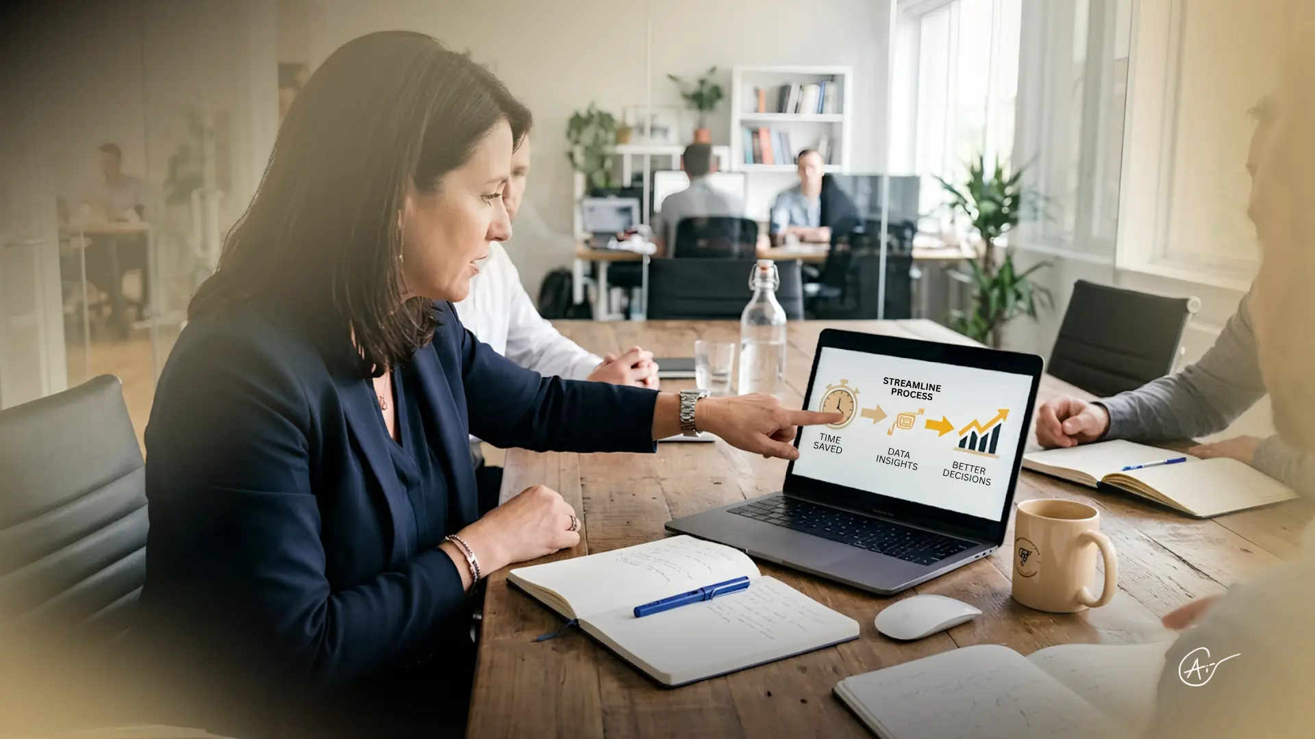 A female business leader points to a laptop screen displaying a workflow diagram labeled "Streamline Process" showing a progression from time saved to data insights and better decisions. Her colleagues sit around a wooden conference table with open notebooks, pens, and a coffee mug. The Intuitive Operations AI Catalyst logo is visible in the bottom right corner.