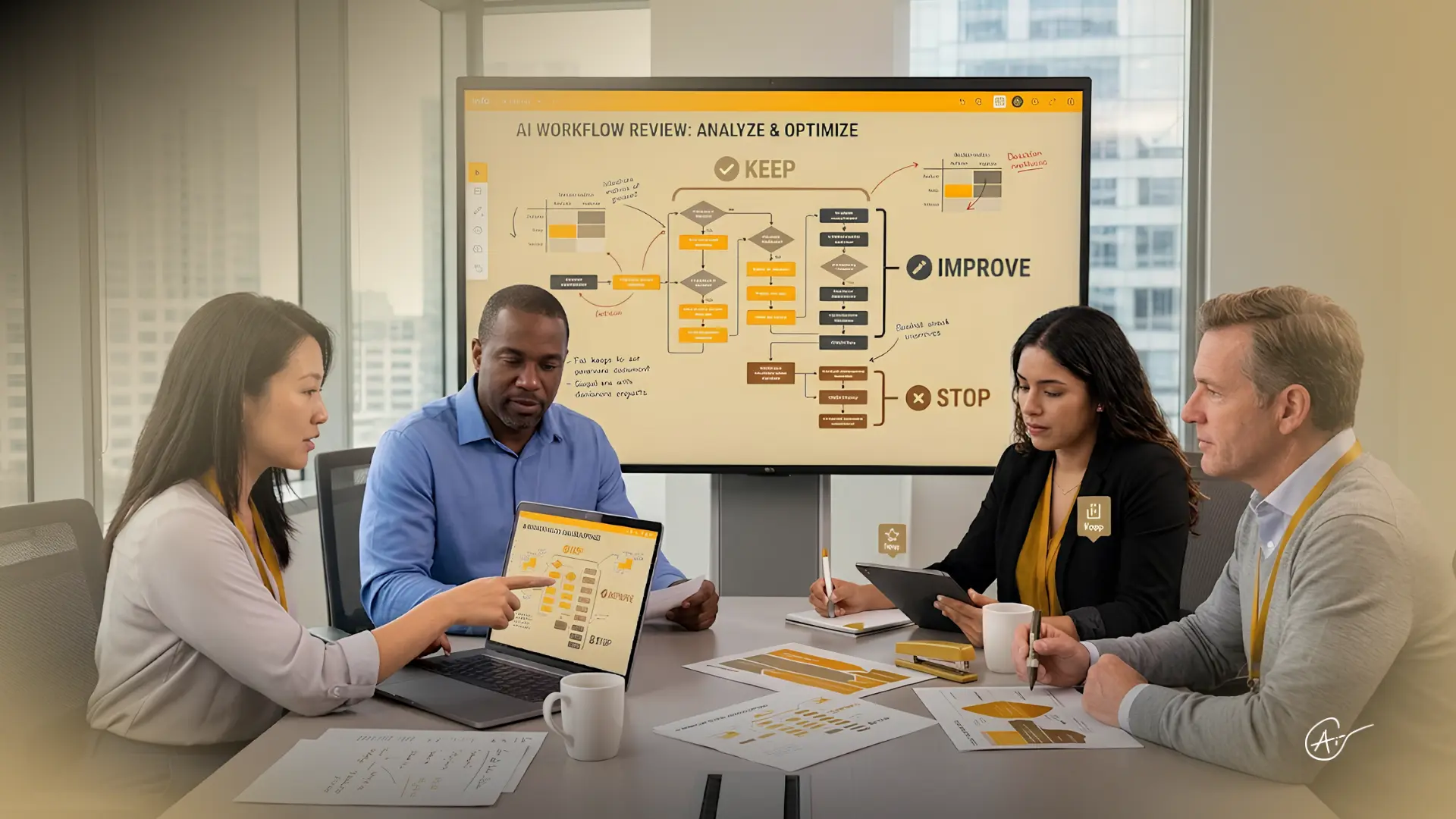 Business team conducting an AI workflow review to determine what processes should be kept, improved, or stopped