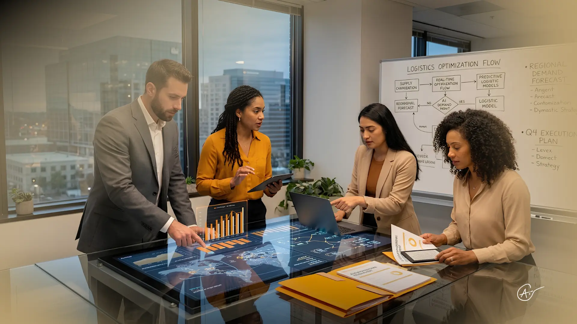 Business leaders evaluating AI productivity and reviewing AI-generated reports to support decision making.