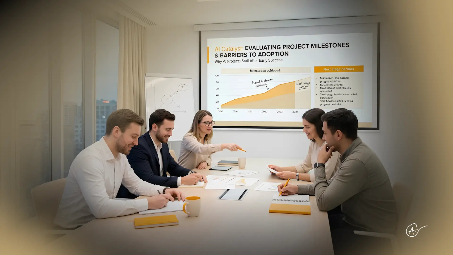 Business team reviewing project milestones and discussing strategies to overcome an AI adoption plateau and achieve long-term business impact.